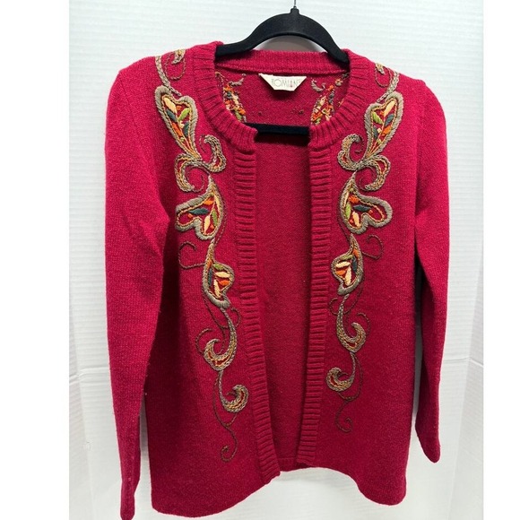 Vintage Rowan Red Cranberry Cardigan Embroidered Floral Accent Knit Sweater - Picture 2 of 8